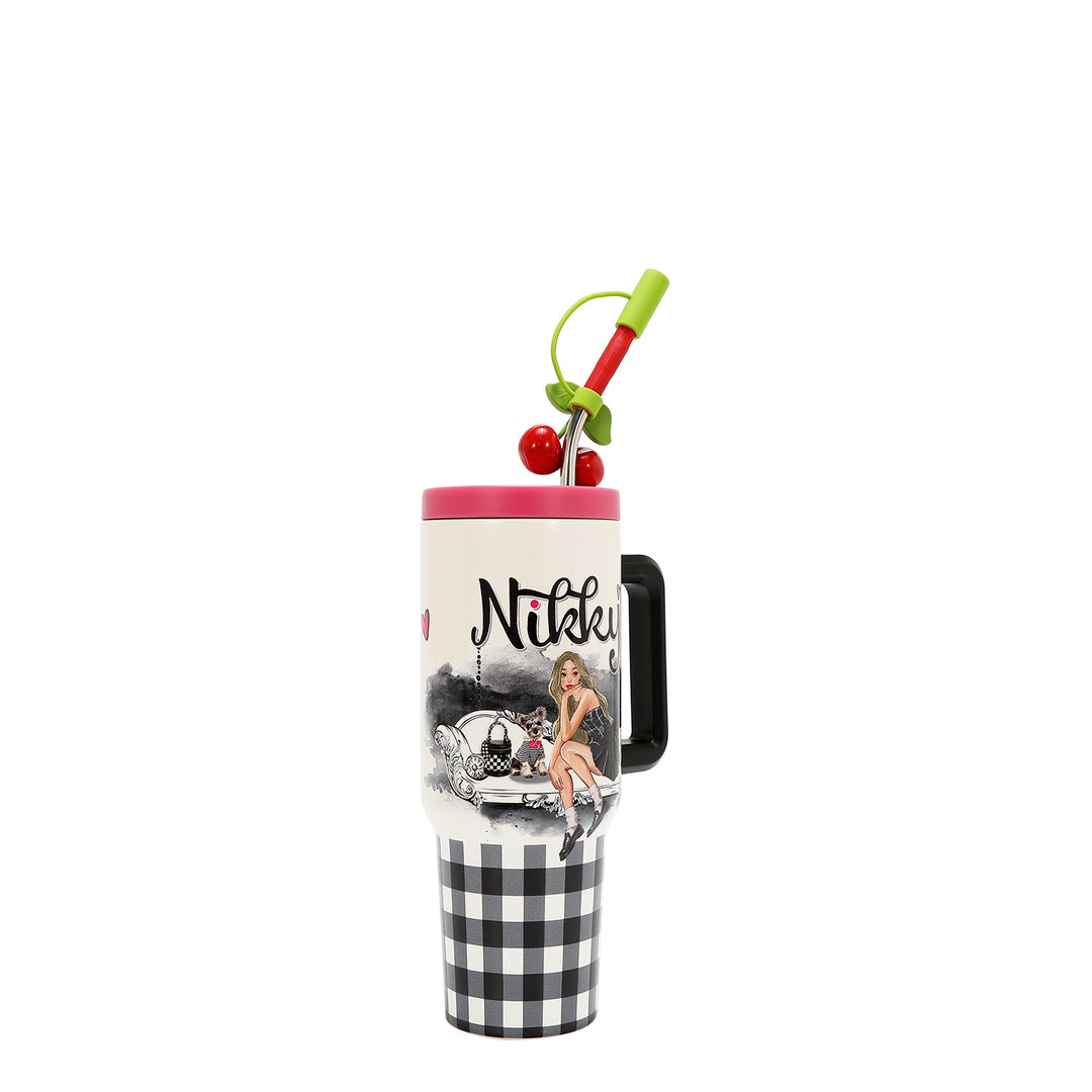 HANDLED TUMBLER WITH ACCENT CHERRY STRAW