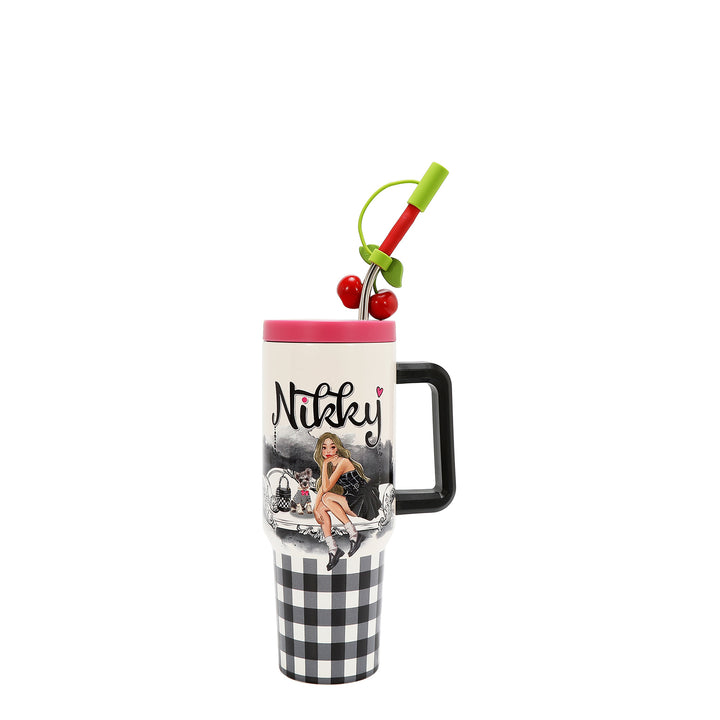 HANDLED TUMBLER WITH ACCENT CHERRY STRAW