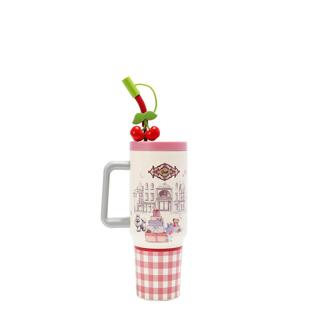 HANDLED TUMBLER WITH ACCENT CHERRY STRAW