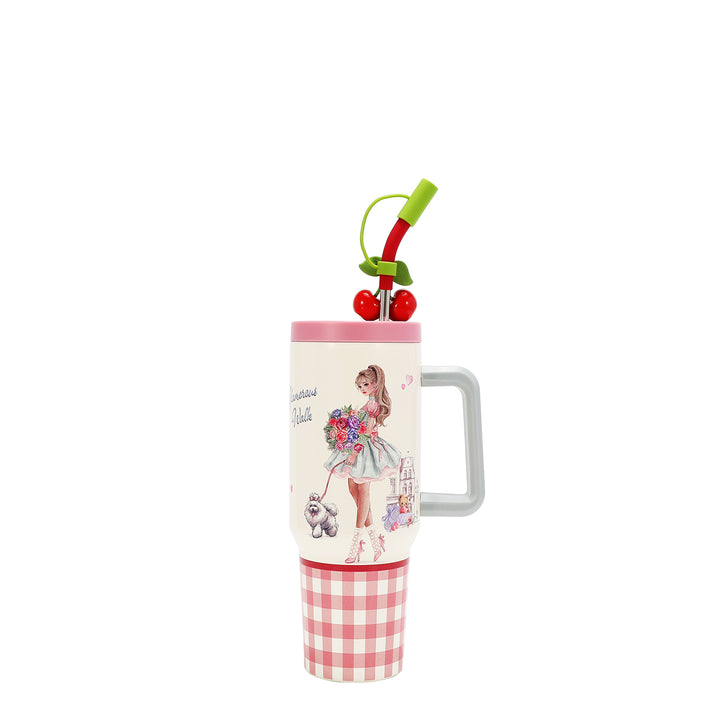 HANDLED TUMBLER WITH ACCENT CHERRY STRAW
