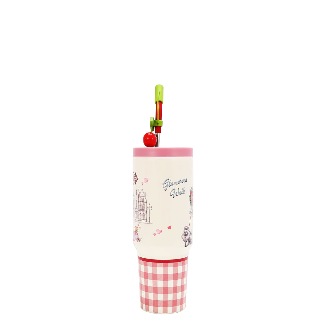 HANDLED TUMBLER WITH ACCENT CHERRY STRAW