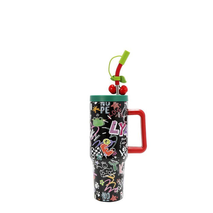 HANDLED TUMBLER WITH ACCENT CHERRY STRAW
