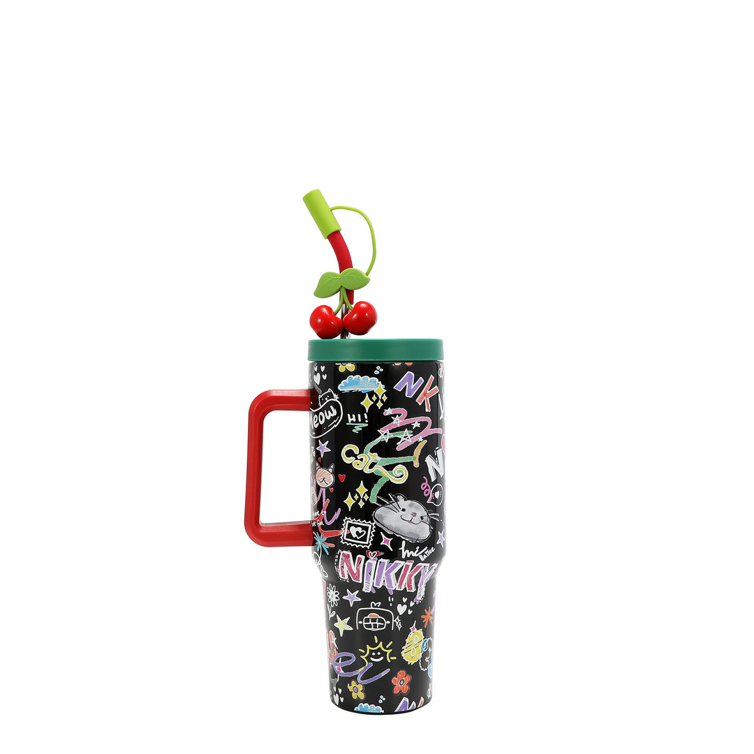 HANDLED TUMBLER WITH ACCENT CHERRY STRAW