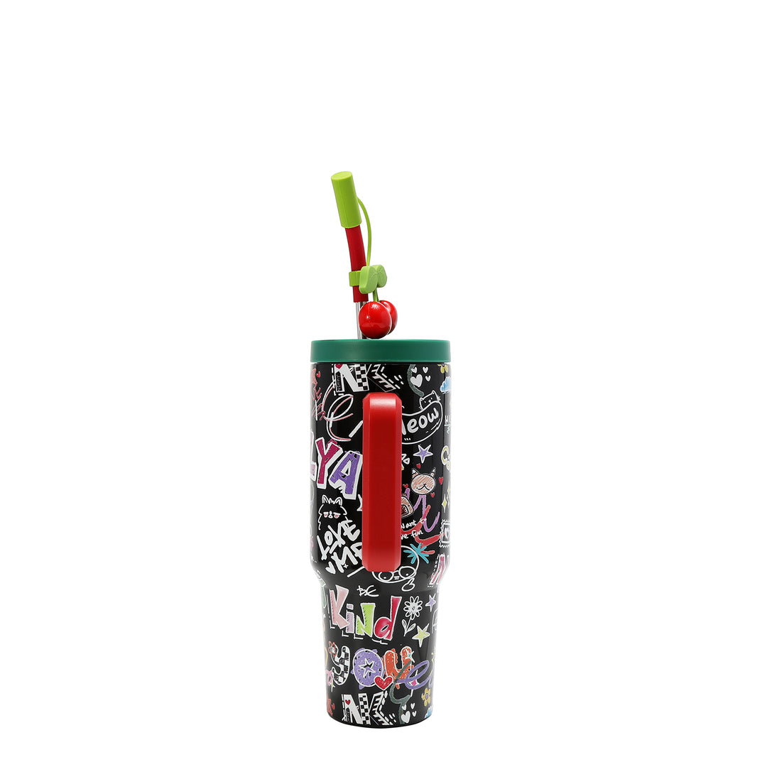 HANDLED TUMBLER WITH ACCENT CHERRY STRAW
