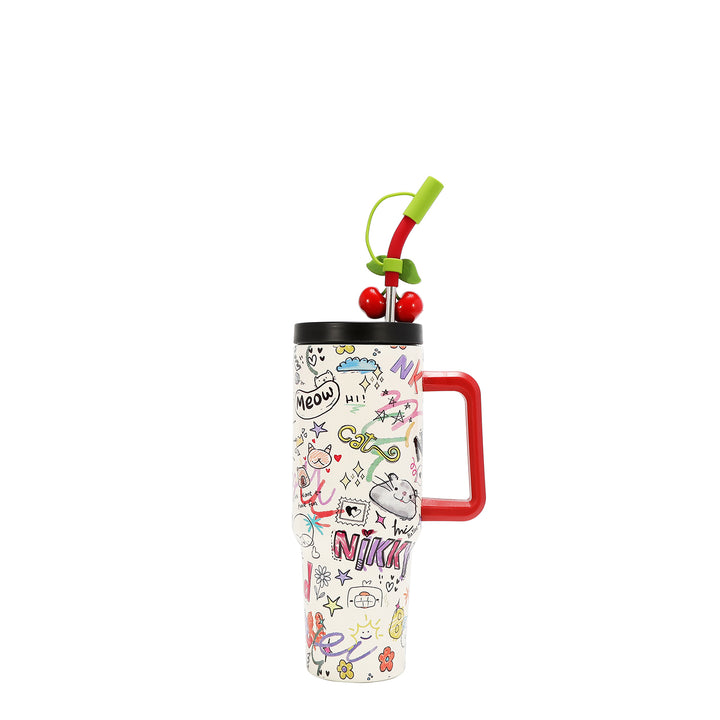 HANDLED TUMBLER WITH ACCENT CHERRY STRAW