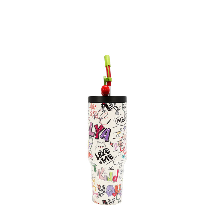 HANDLED TUMBLER WITH ACCENT CHERRY STRAW