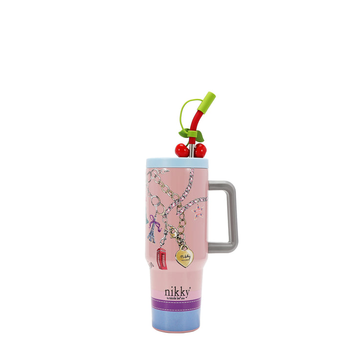 HANDLED TUMBLER WITH ACCENT CHERRY STRAW